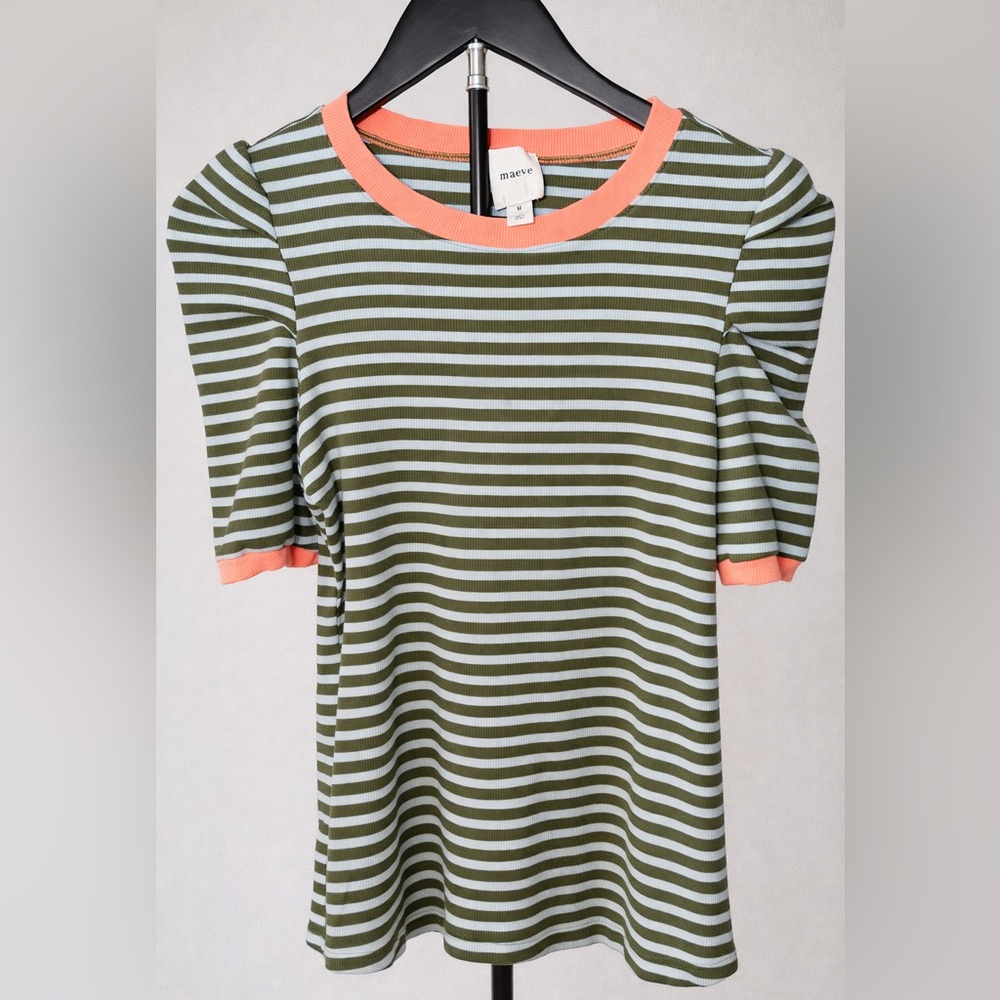 Maeve Olive Green & Light Blue Striped Tee with Coral Trim - Picture 2 of 4